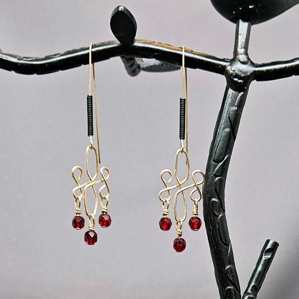 Earrings, Red Glass Beads w/ 14k Gold Filled Wire Wrap links, Handmade 2.5"